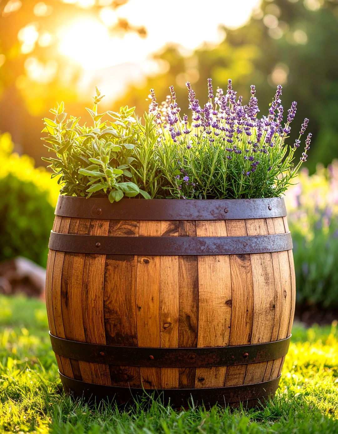 Wine Barrel Half Herb Garden Container - 20 Herb Garden Ideas