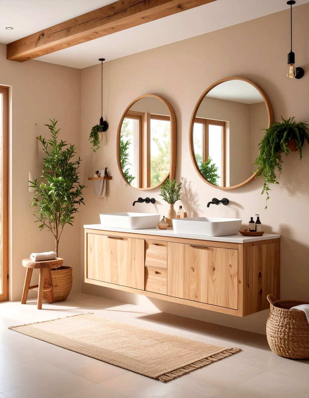 Wood Accents Warm the Beige Bathroom - 20 Beige Bathroom Ideas