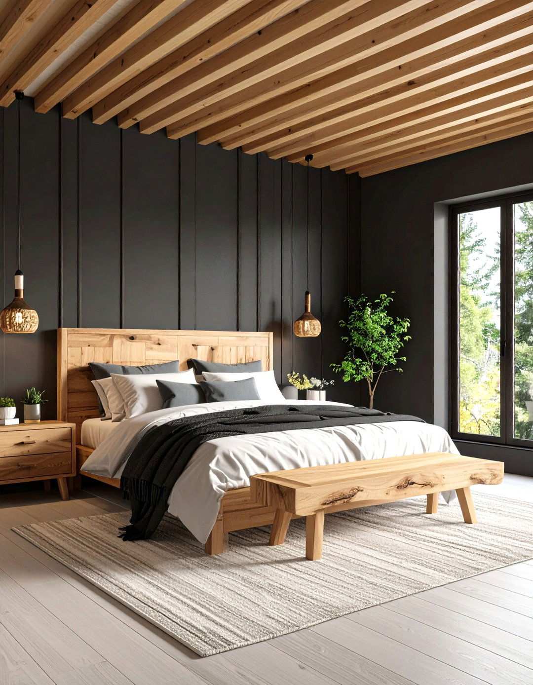 Wood Toned Contrast - 20 Black Accent Wall Bedroom Ideas