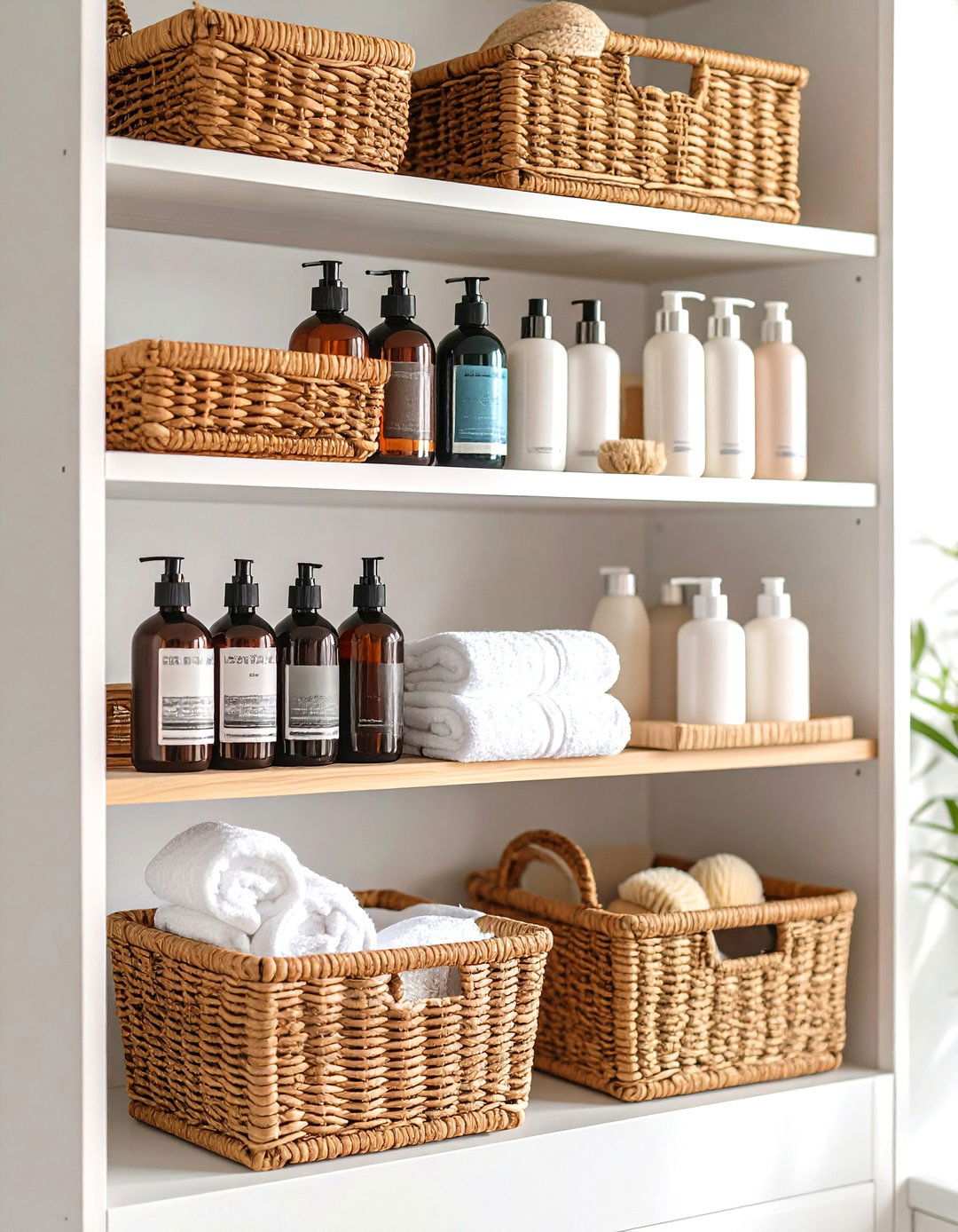 Woven Baskets Soften Open Bathroom Storage - 20 Bathroom Storage Ideas